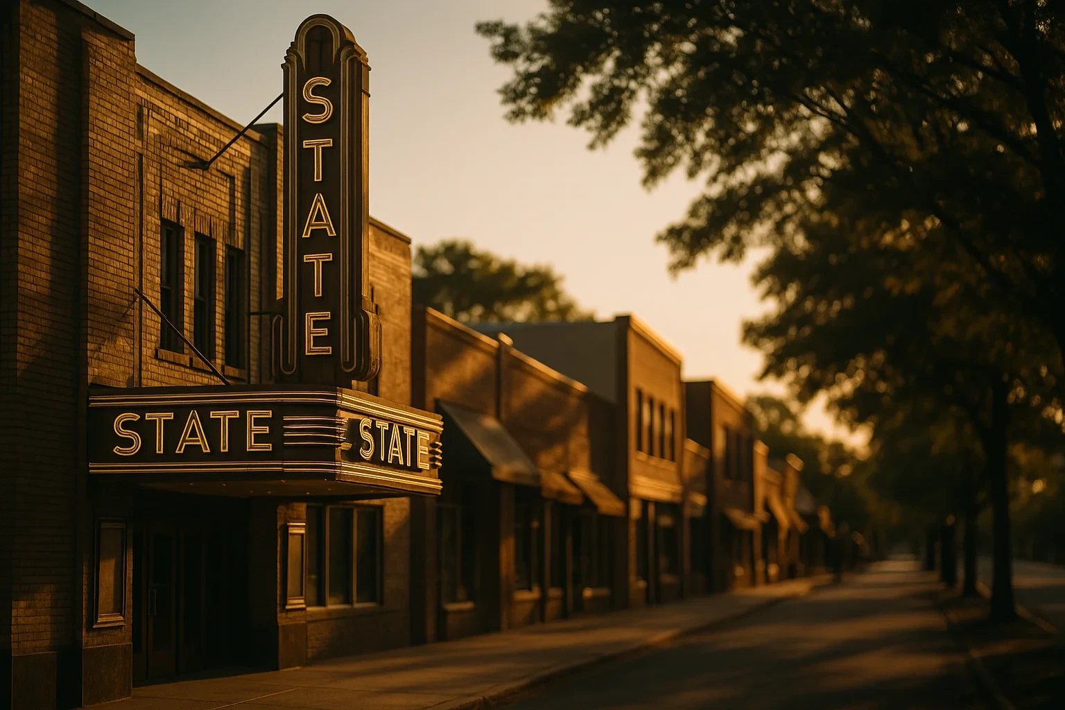 Historic State Theatre marquee glowing at golden hour along a tree-lined downtown street in Falls Church