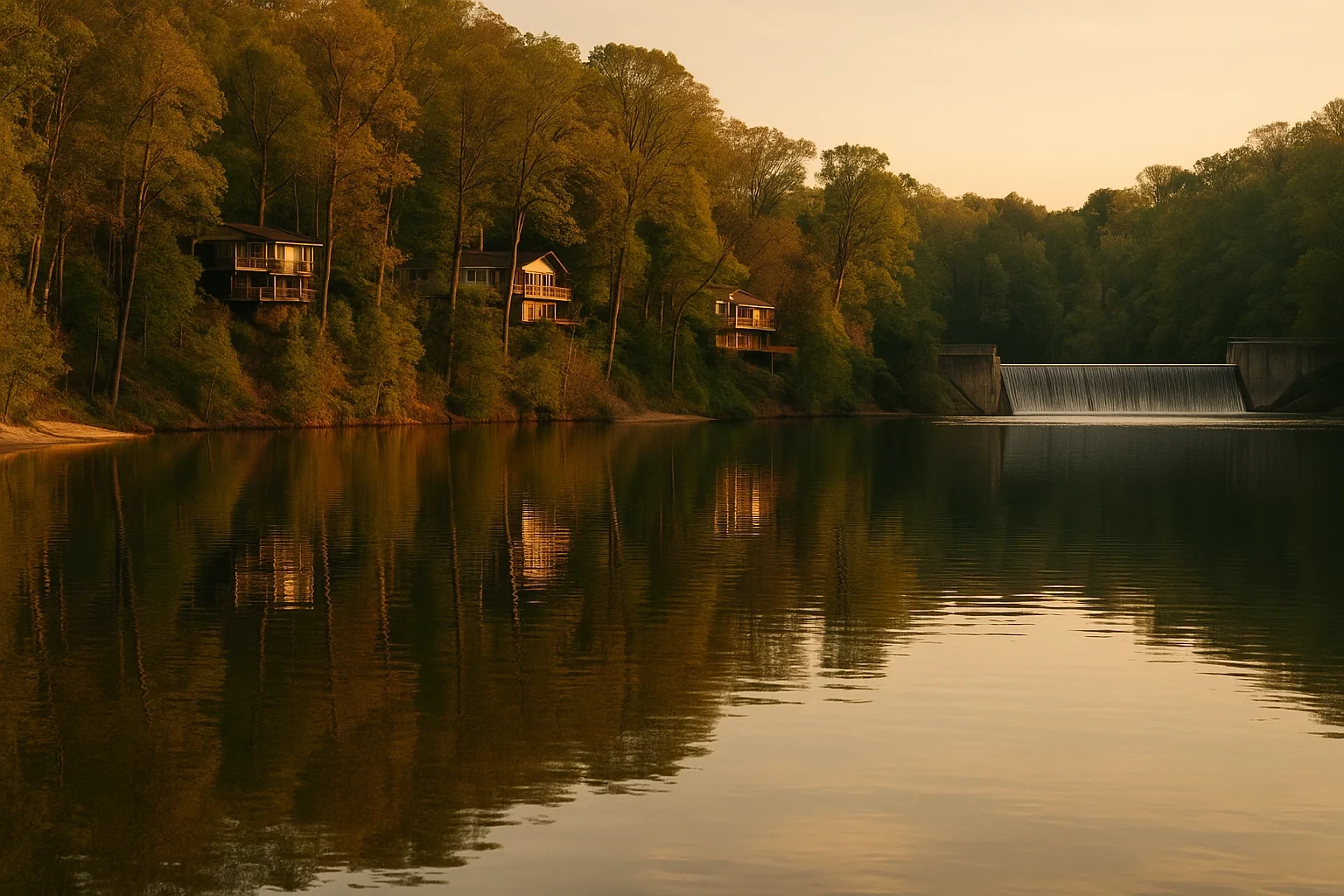 Hillside homes overlooking calm Lake Barcroft lake at golden hour with dam and forested shoreline reflections