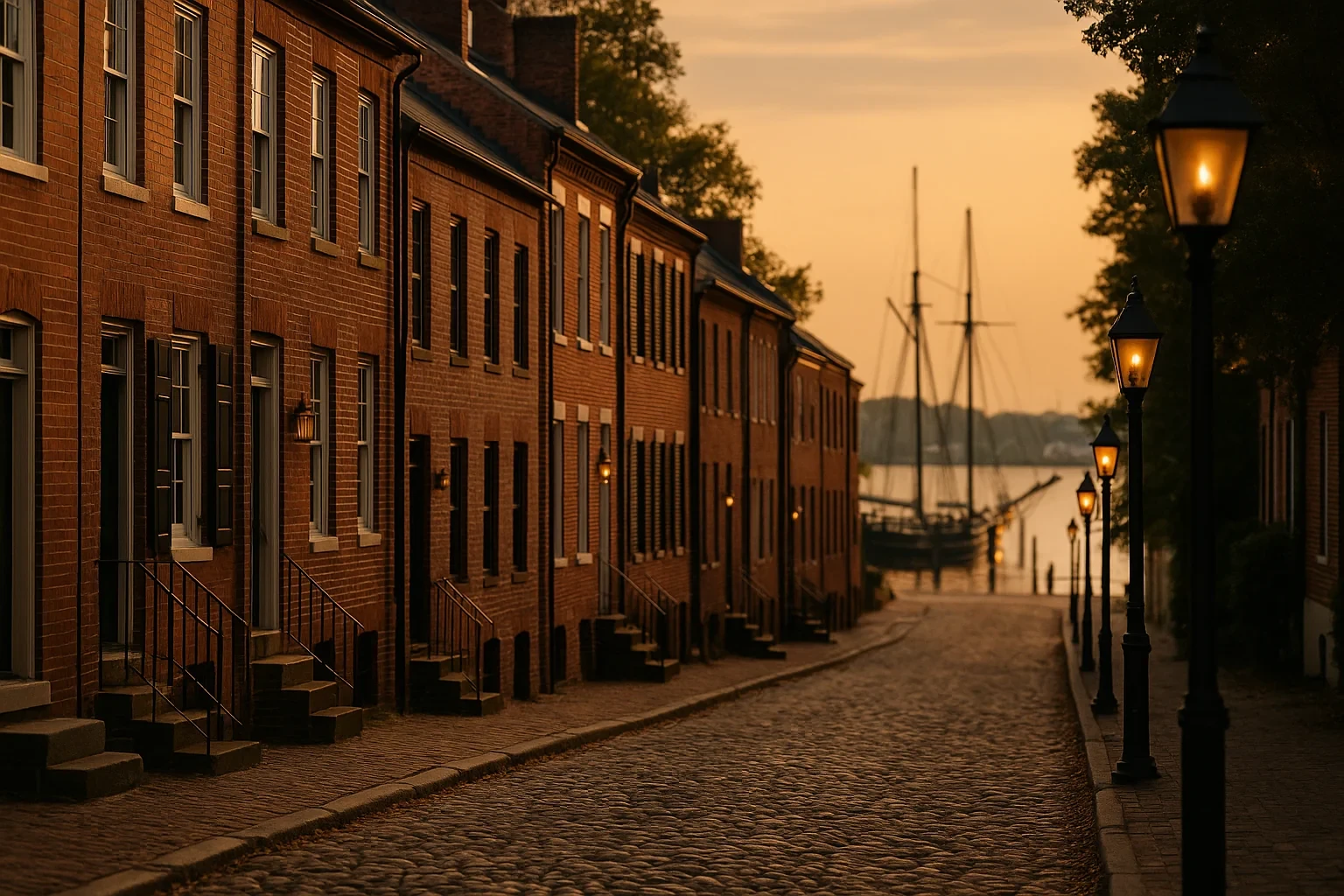 Historic brick row houses line a cobblestone street near a tall ship harbor at dusk in Alexandria.