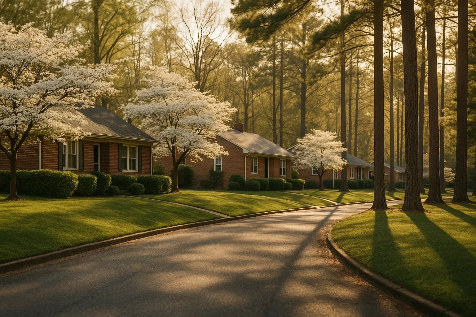 Brick ranch homes lined by blooming dogwoods and tall pines along a quiet Meadowbrook neighborhood street at sunset