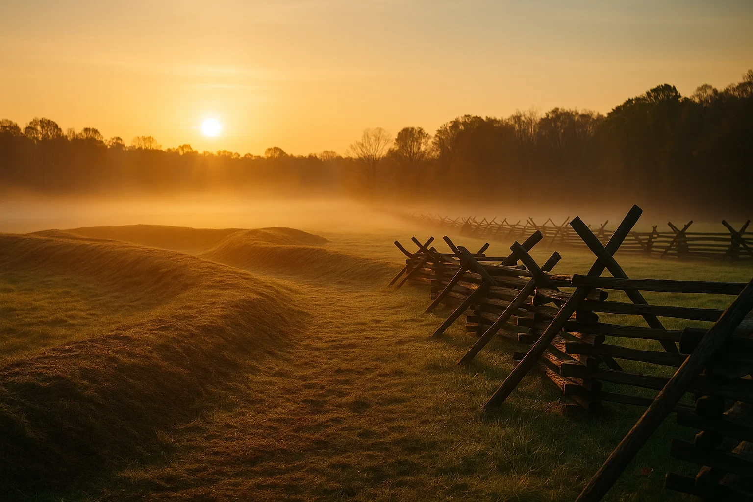Misty sunrise over a historic battlefield with split-rail fence and earthworks in Spotsylvania Courthouse, Virginia