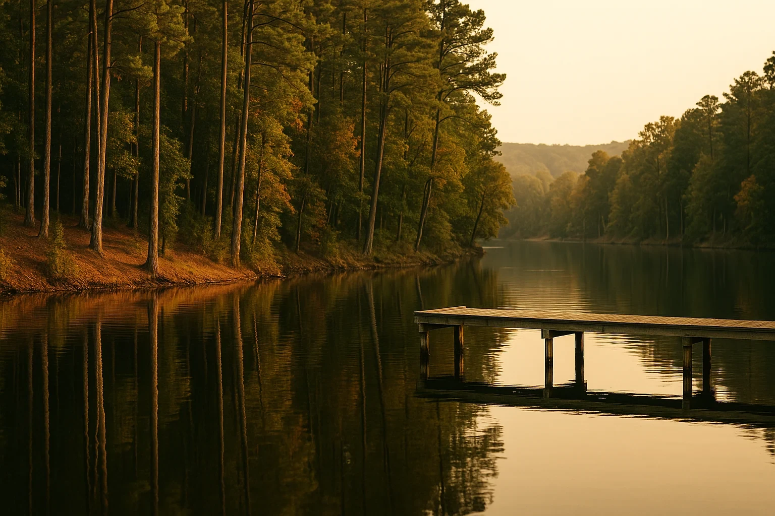Tranquil lake at sunset with wooden dock and forested shoreline reflecting on calm water near South Hill