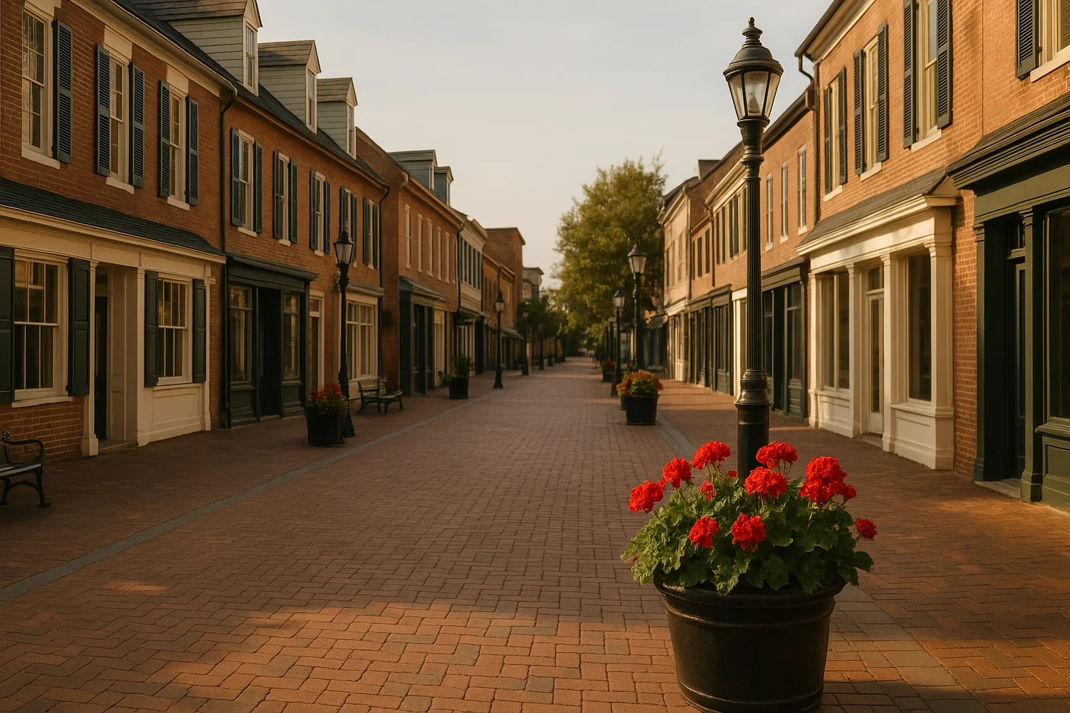 Historic brick-paved downtown street in Winchester with lampposts, red geranium planters, and storefronts at sunset