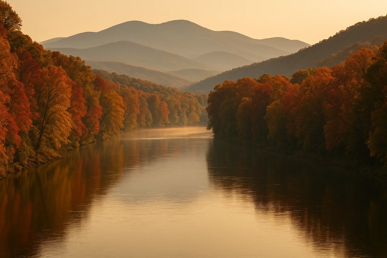 Misty autumn river winding through colorful tree-lined hills and distant mountains at sunset near Shenandoah Farms