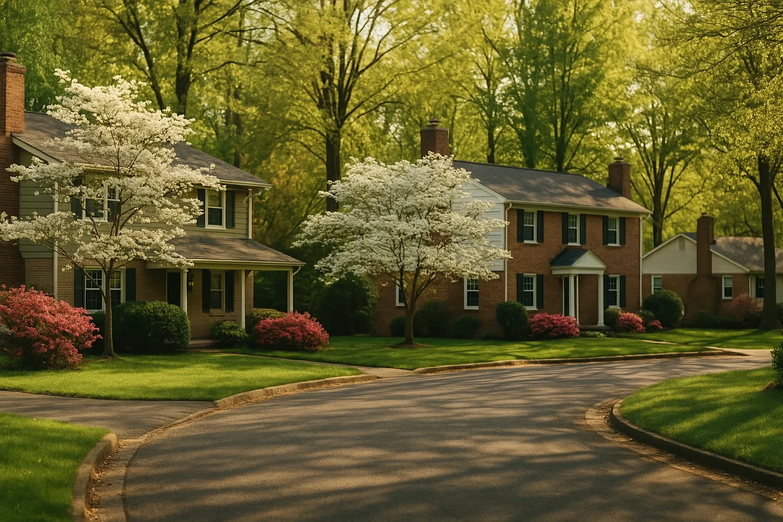 Charming Mantua neighborhood with brick colonial homes, blooming dogwood trees, and manicured lawns in spring