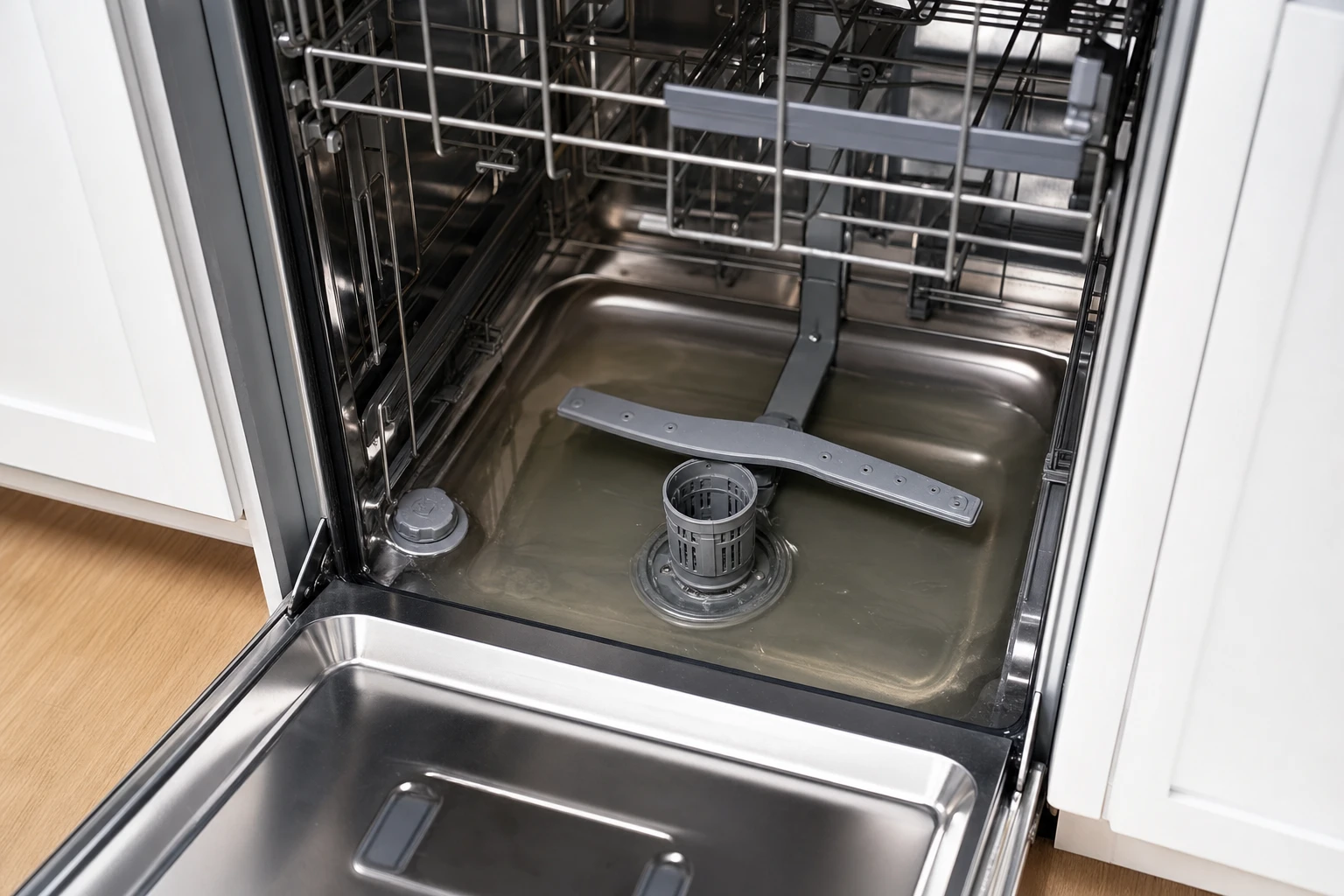 Open stainless steel dishwasher with standing water pooled at bottom, showing clogged filter and spray arm needing repair