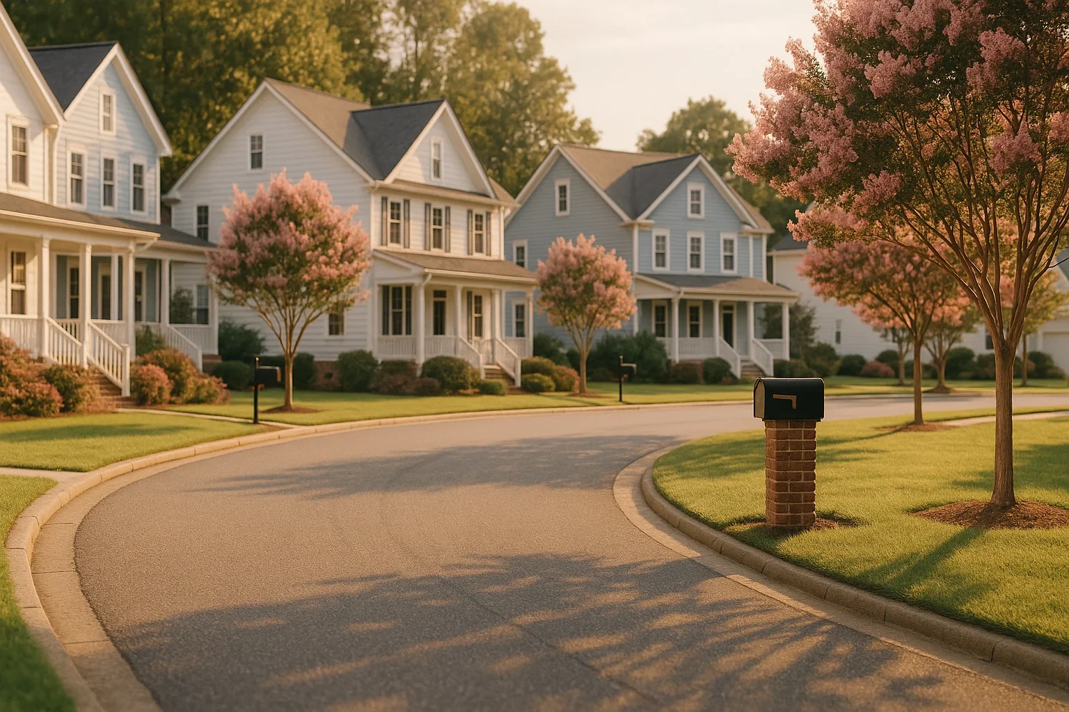 Suburban Carrollton neighborhood with blue and white two-story homes, blooming pink crepe myrtles, and curbside mailbox