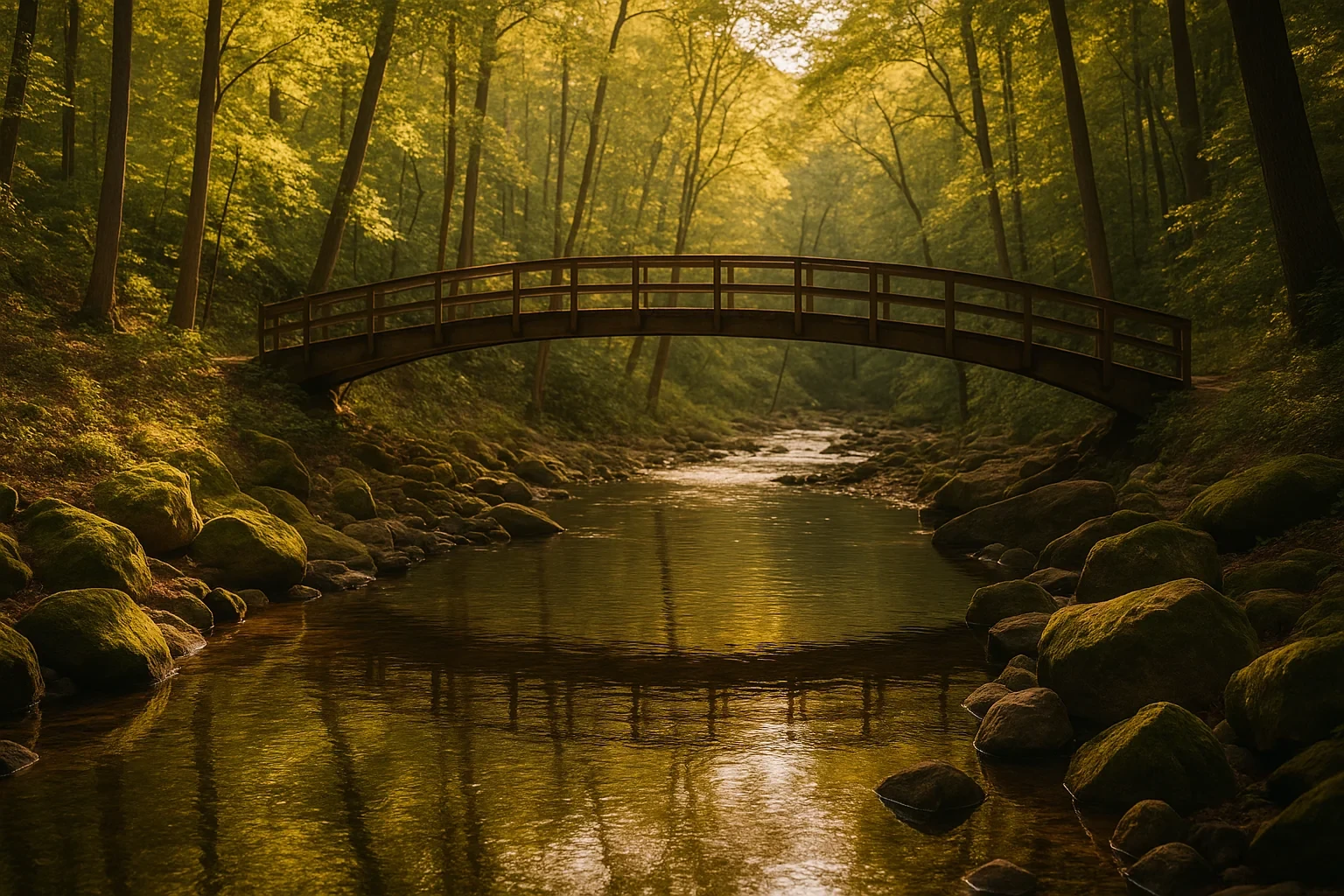 Wooden arched footbridge spanning a tranquil rocky stream in a lush green forest near Mantua