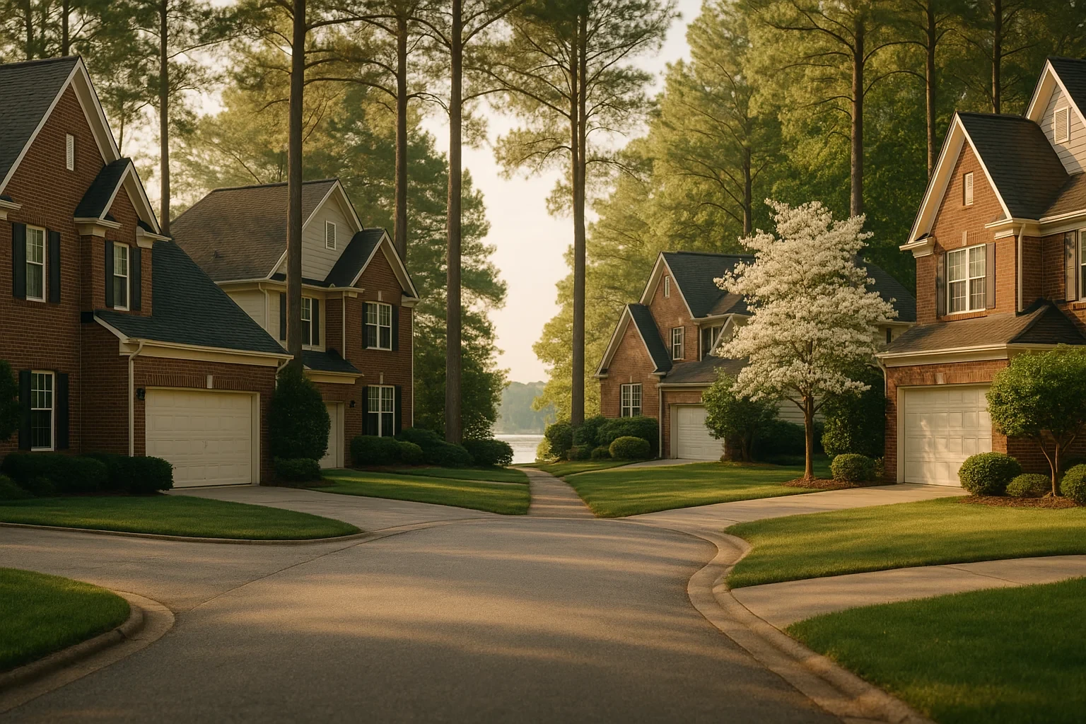 Brick homes with manicured lawns line a quiet tree-lined cul-de-sac near a lake in Woodlake