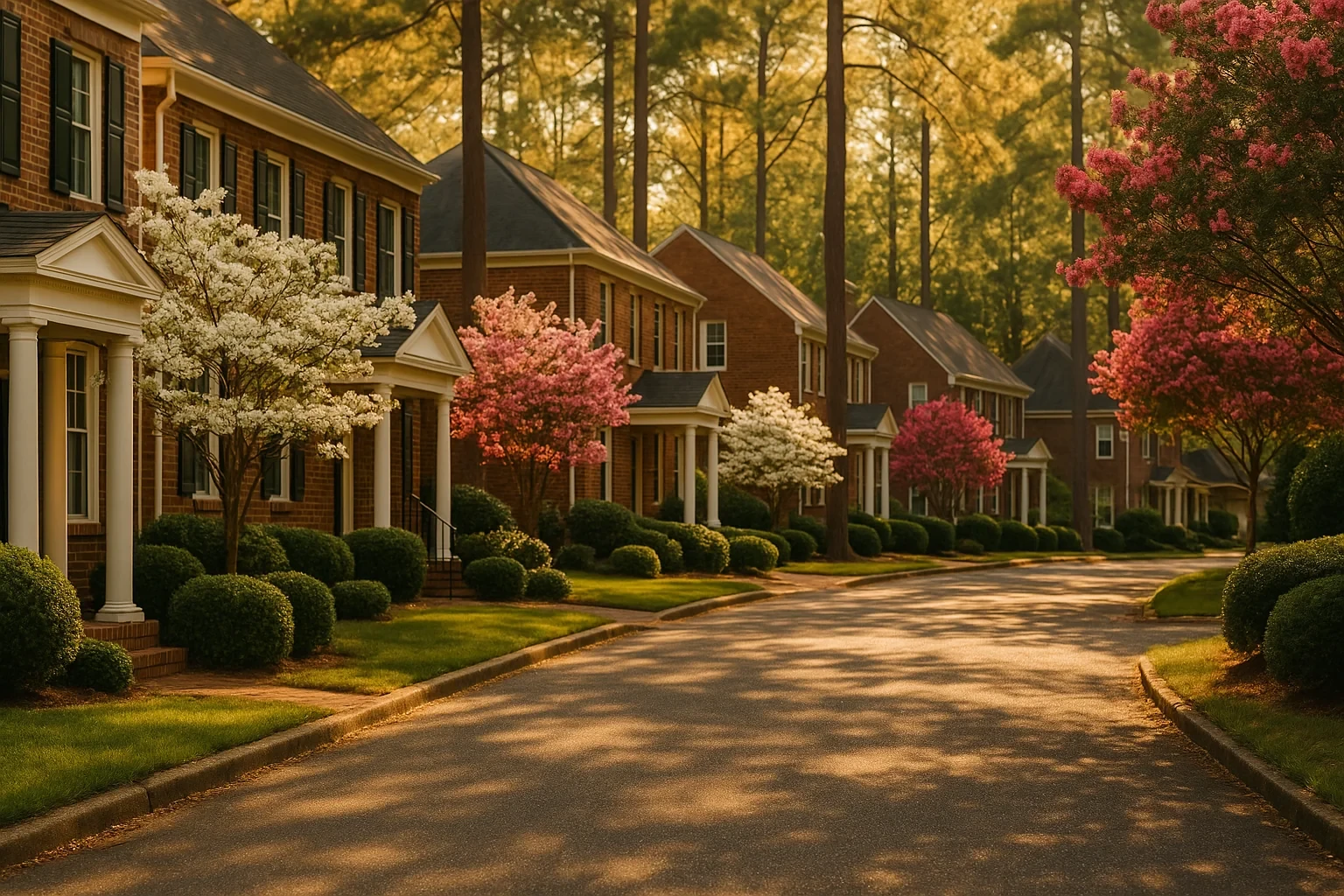 Tree-lined street of brick colonial homes with blooming pink and white trees in Wyndham neighborhood