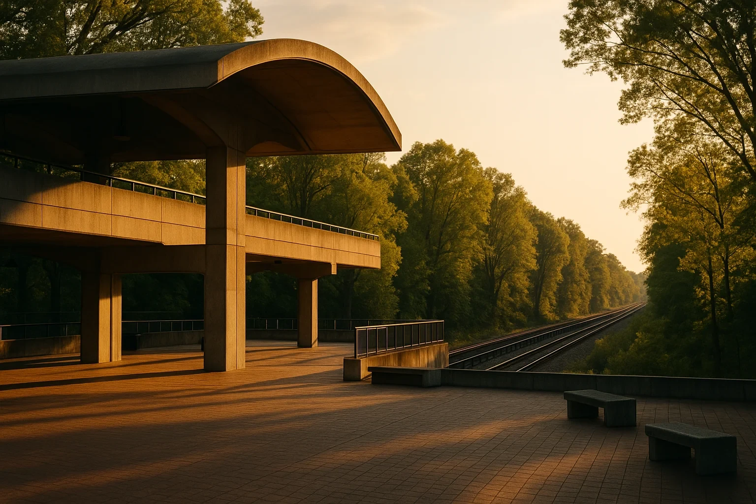 Modern covered train platform with curved concrete canopy beside empty railway tracks at sunset in West Falls Church