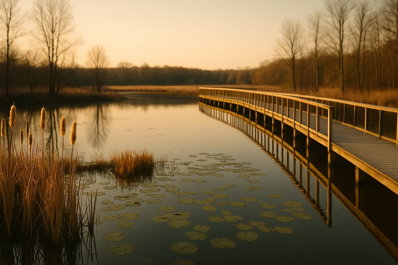 Wooden boardwalk curving over a tranquil pond with cattails and lily pads at sunset near Rose Hill.