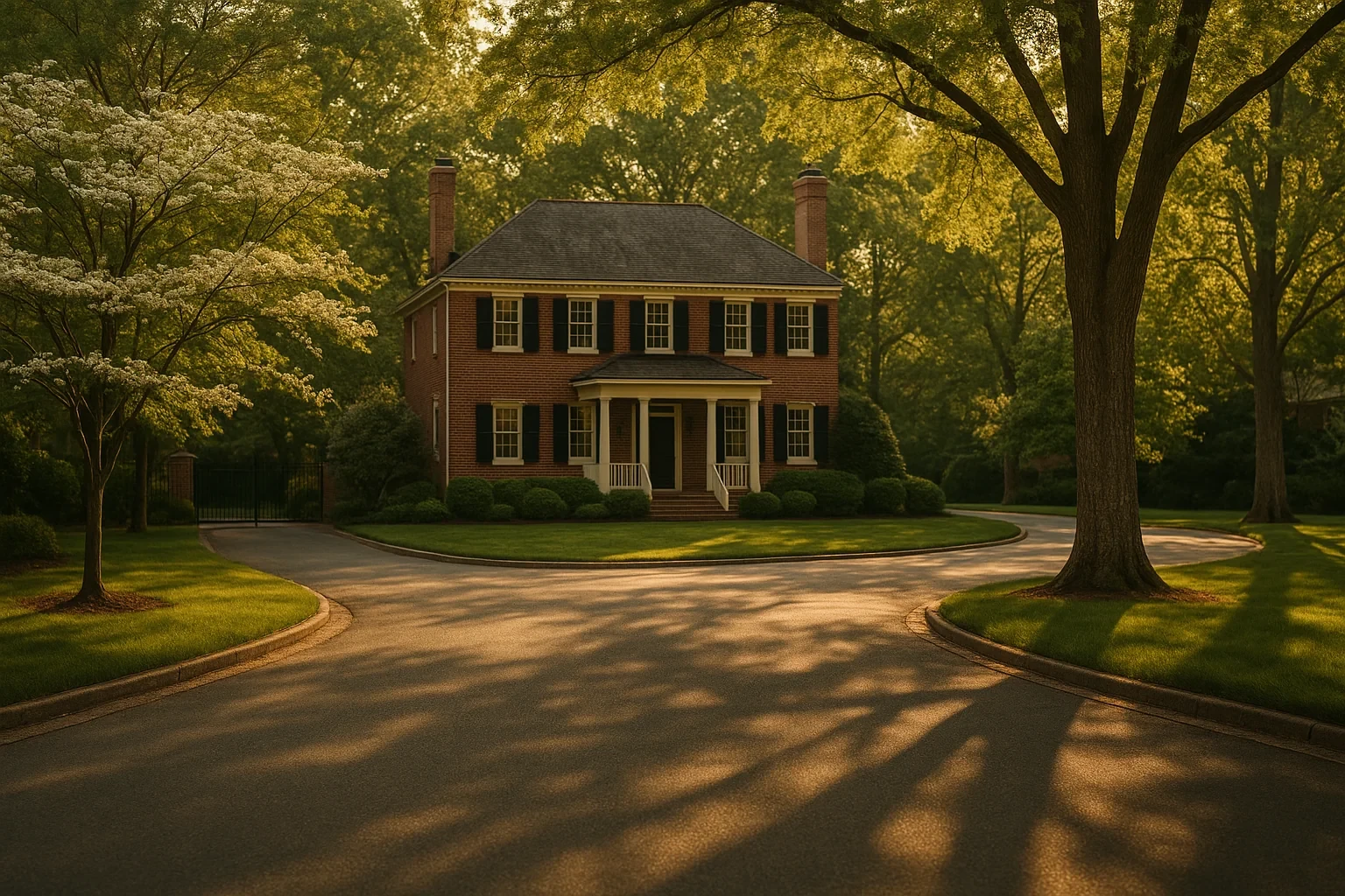 Brick colonial home with black shutters and circular driveway shaded by mature trees in Lake of the Woods