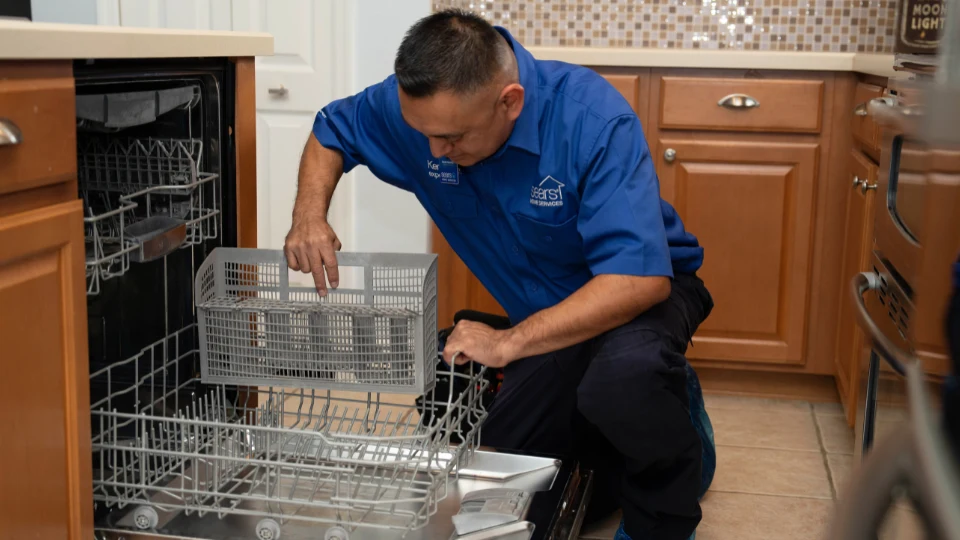 Technician diagnosing dishwasher issue