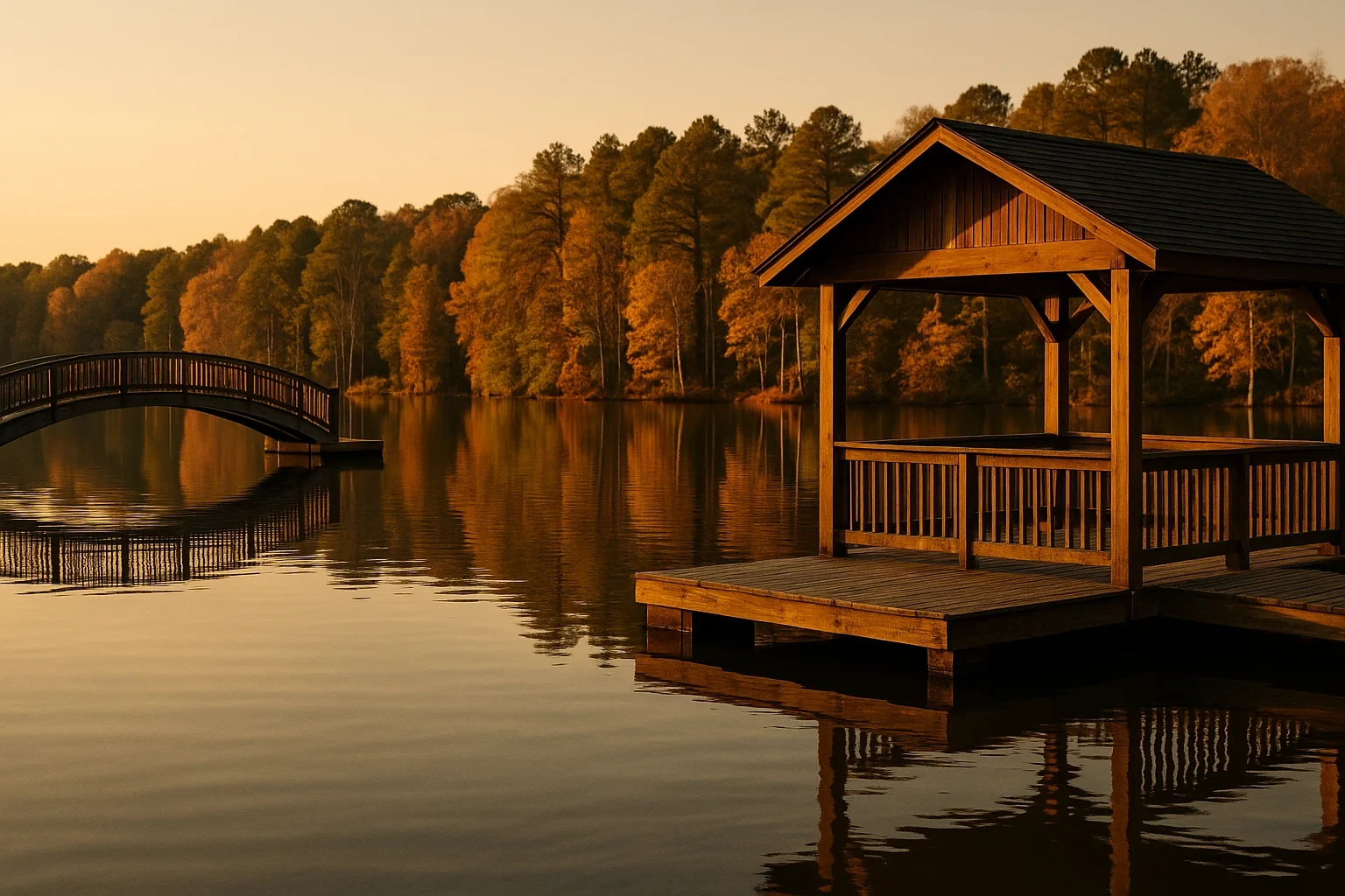 Wooden covered dock and arched footbridge on a calm autumn lake at sunset in Brandermill