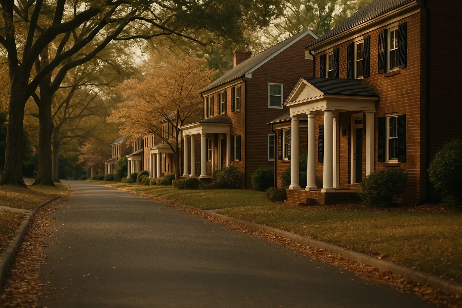 Tree-lined street with stately brick colonial homes and white-columned porches in Henrico at golden hour