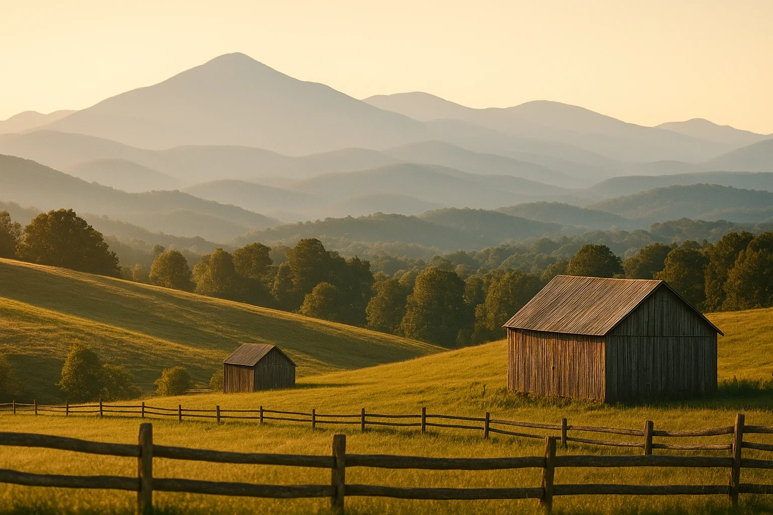 Rustic wooden barns and split-rail fence in a golden meadow with misty Blue Ridge Mountains near Rocky Mount