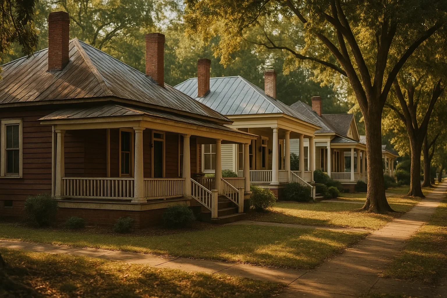 Historic homes with wraparound porches and brick chimneys line a tree-shaded street in Franklin.