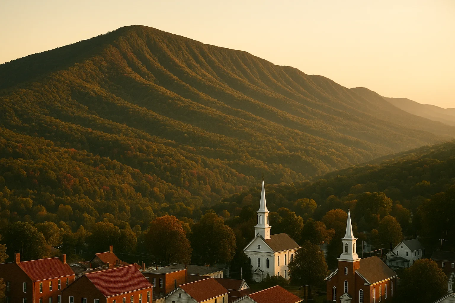 Golden sunset over forested mountain ridge with white church steeples and rooftops in Bluefield