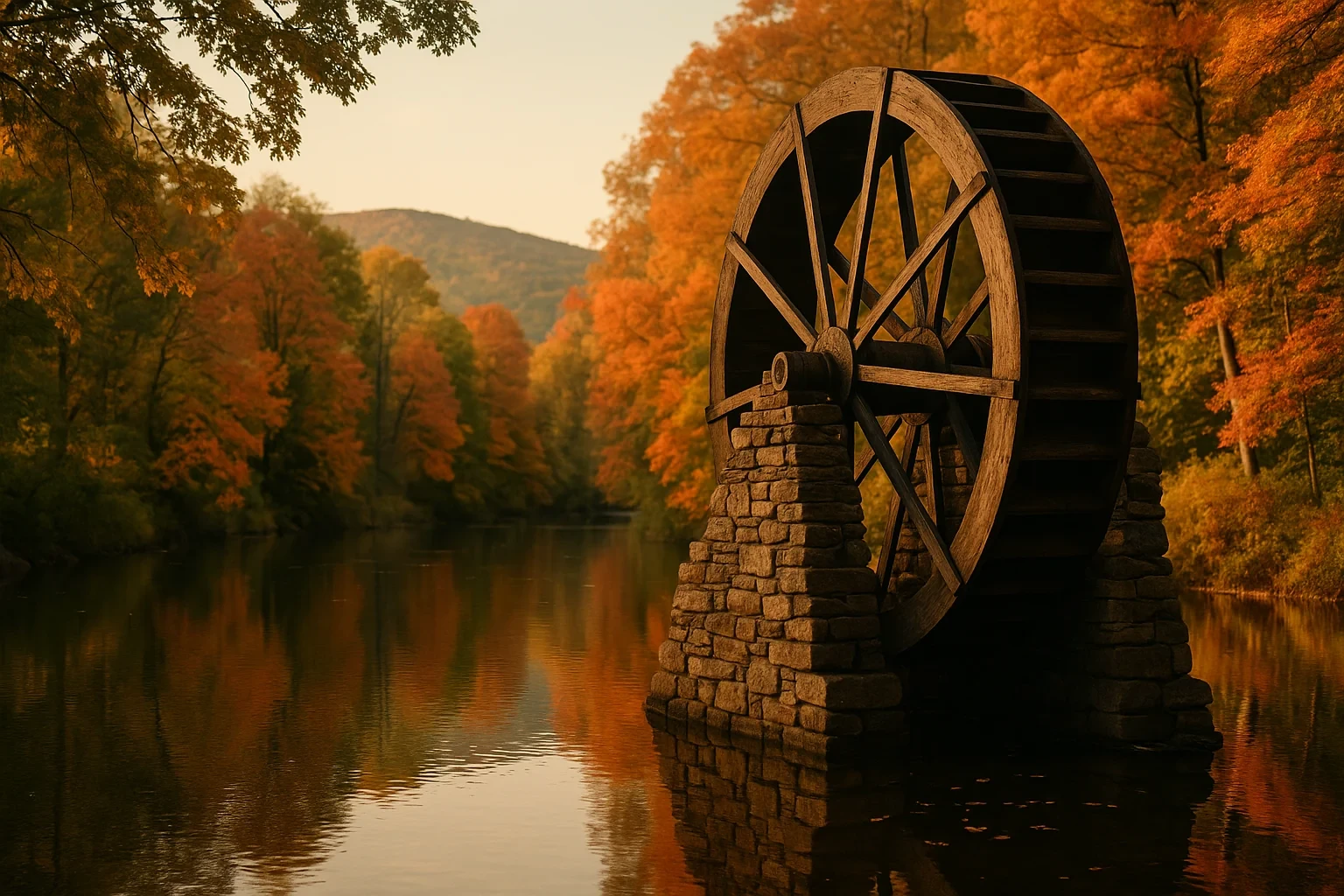 Rustic wooden waterwheel on stone base beside a calm river surrounded by autumn foliage near Terryville