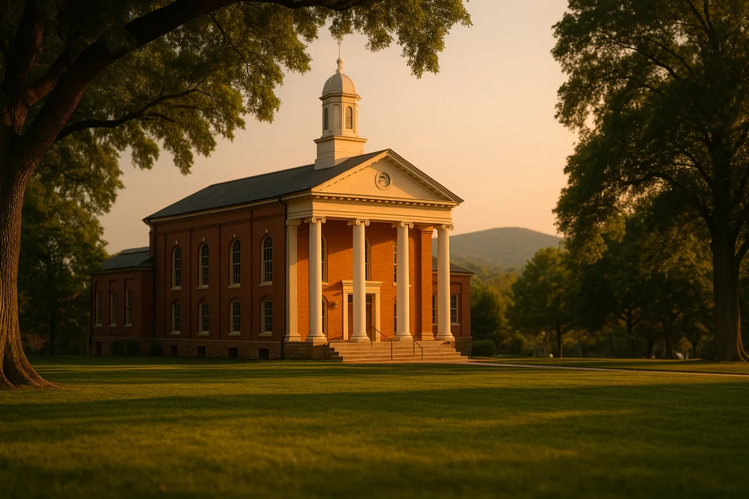Historic brick courthouse with white columns and cupola at golden hour in Leesburg, framed by trees