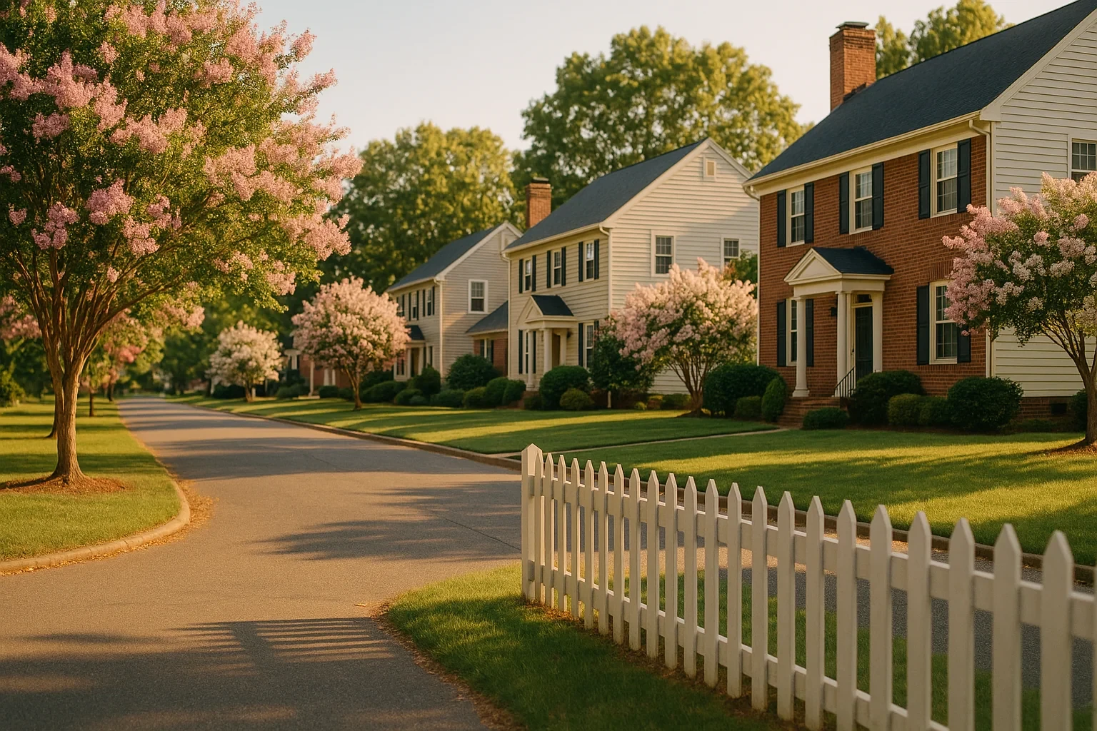 Tree-lined suburban street in Chesapeake with brick colonial homes, blooming crepe myrtles, and white picket fence