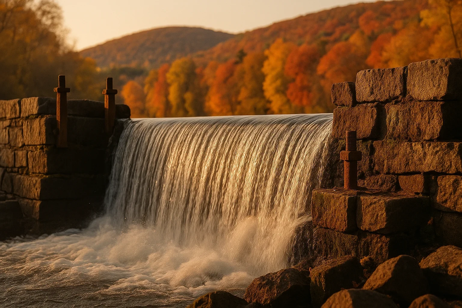 Stone dam waterfall flowing into a river surrounded by autumn foliage at sunset near Oakville