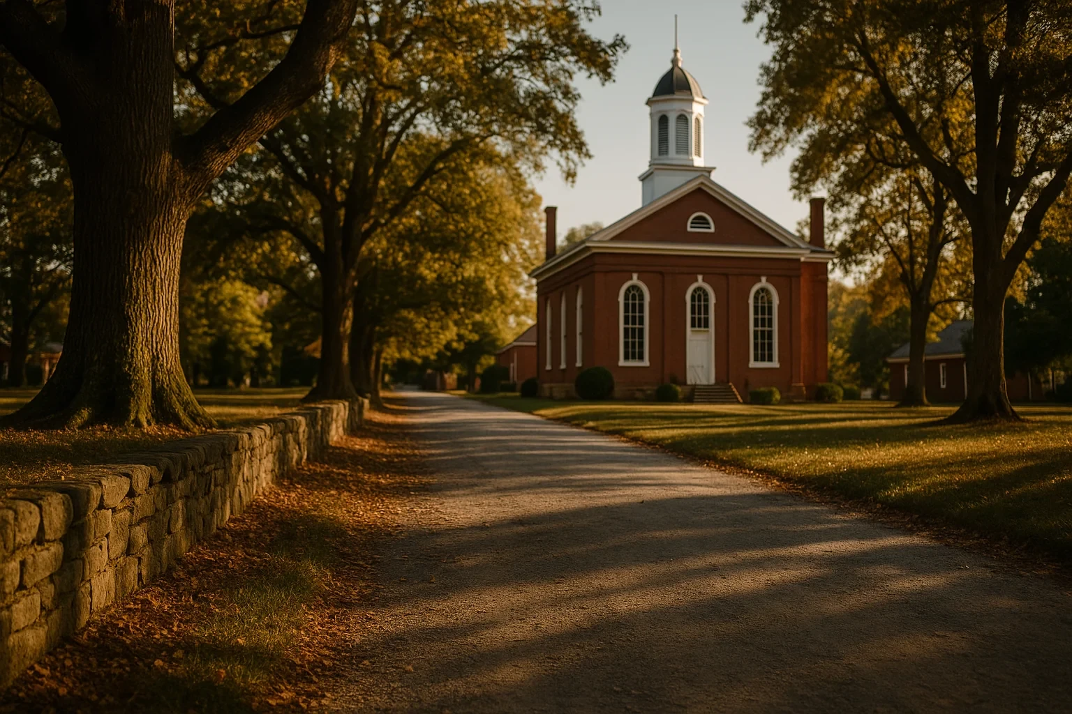 Historic brick courthouse with white steeple at golden hour along tree-lined path in Spotsylvania Courthouse