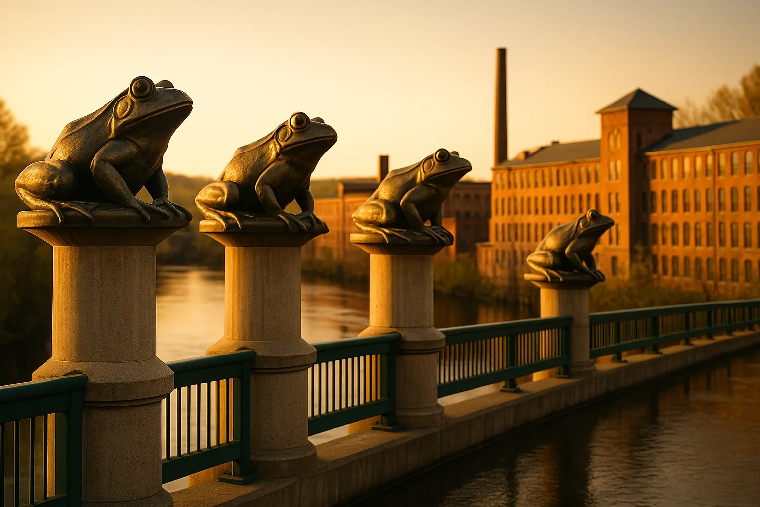 Bronze frog statues atop stone pillars on the historic Frog Bridge overlooking the river and mills in Willimantic