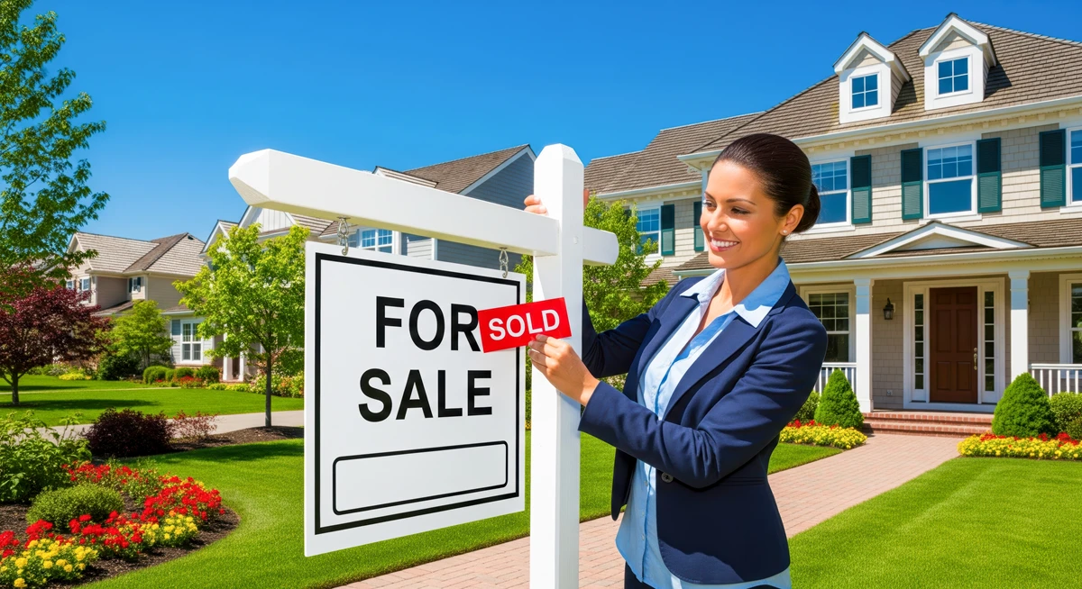Real estate agent putting a sold sign on a home and preparing for the closing process which involves deciding who pays for the home warranty.