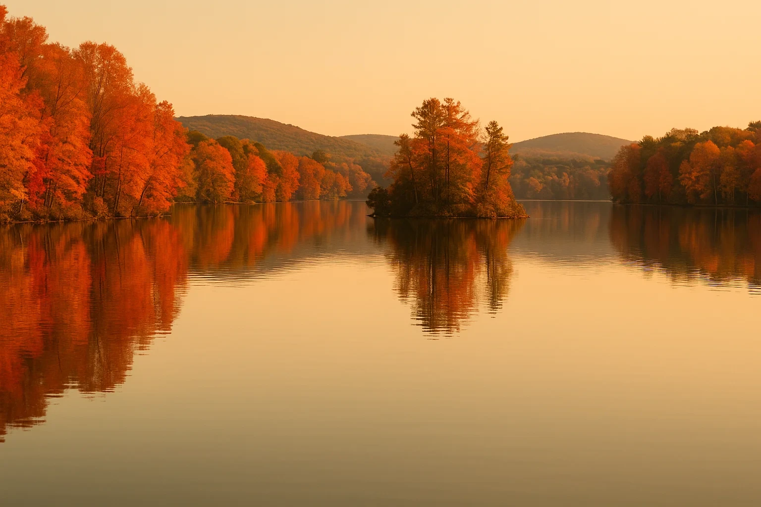 Tranquil autumn lake in Lake Pocotopaug reflecting vibrant orange foliage and rolling hills at sunset