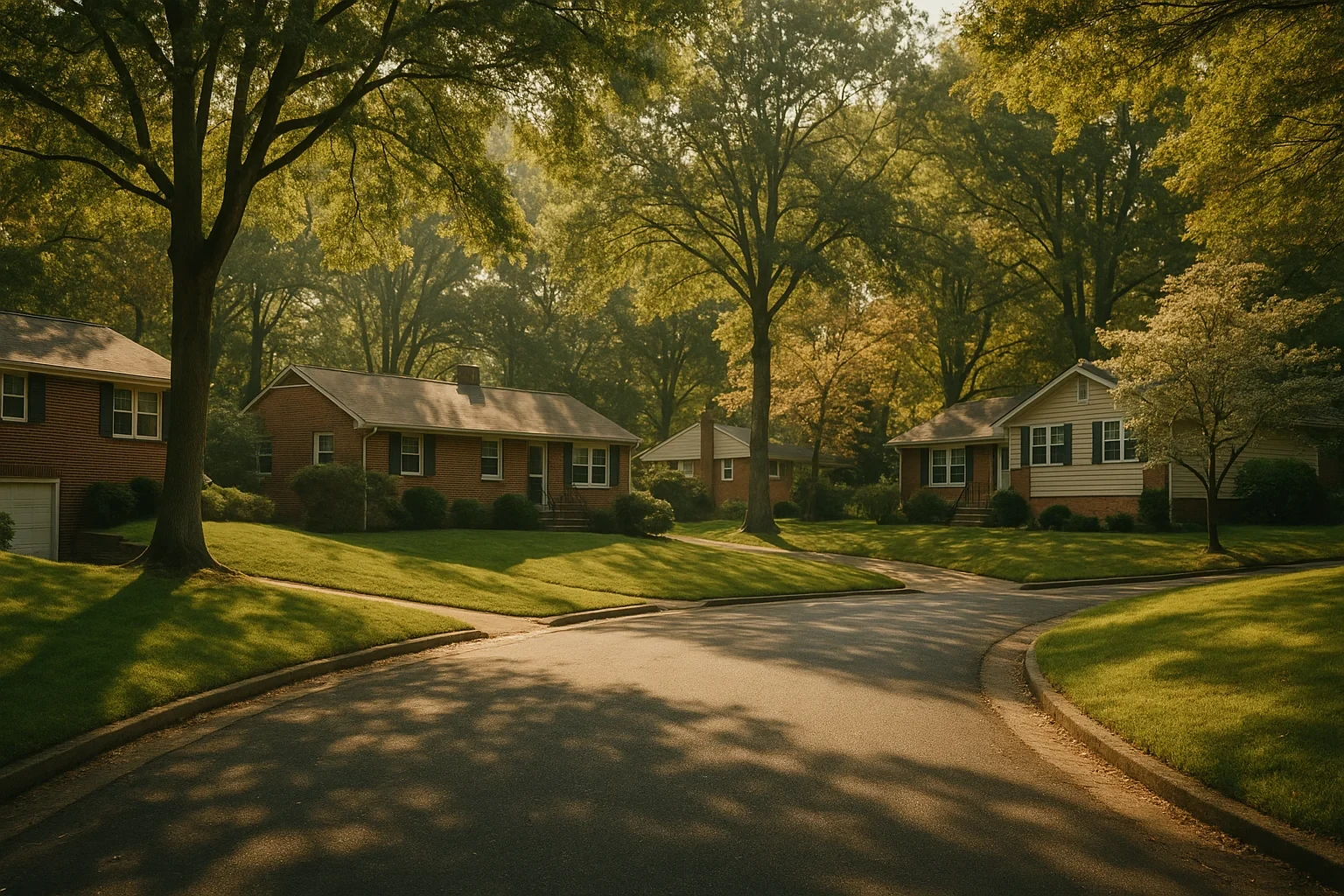 Quiet tree-lined residential street with brick ranch homes and lush green lawns in Merrifield neighborhood