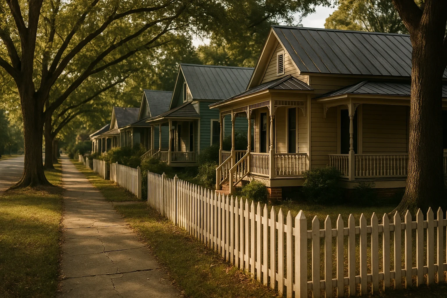 Historic homes with wraparound porches and white picket fences line a tree-shaded street in Blackstone