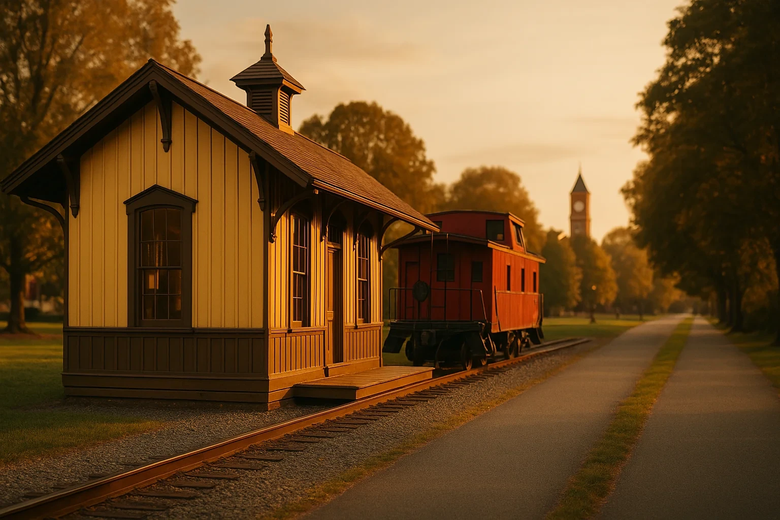 Historic wooden train depot and red caboose at golden hour with clock tower in Herndon's downtown skyline