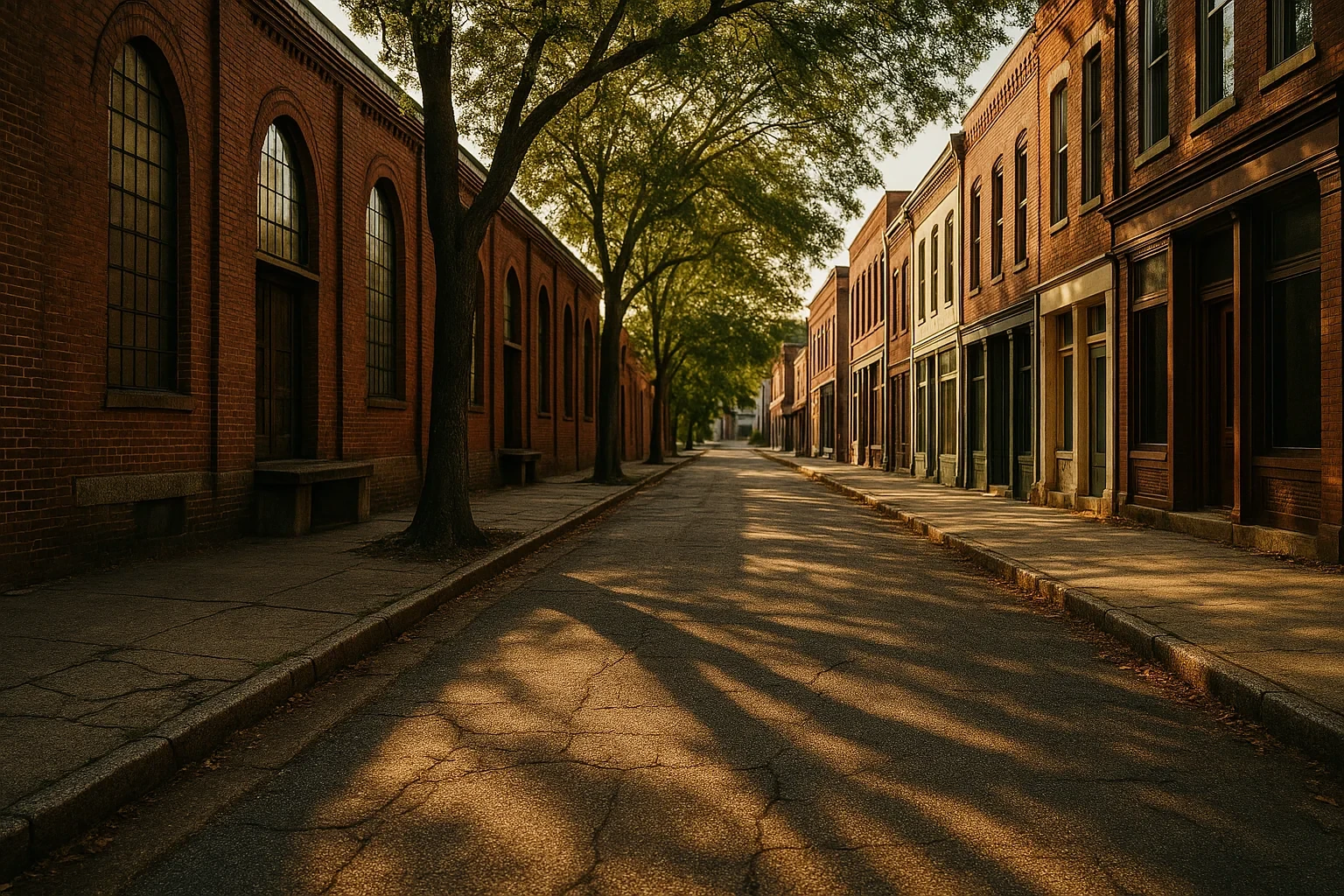 Tree-lined brick street with historic storefronts and warm sunlight in downtown Martinsville at golden hour