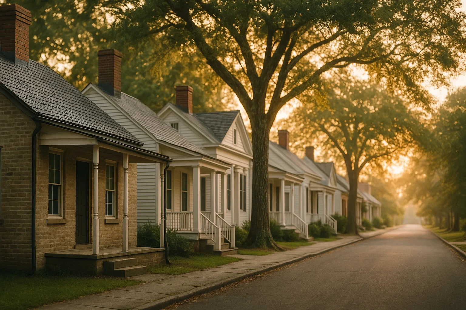 Historic white cottages with brick chimneys line a tree-shaded street at golden hour in Enfield.
