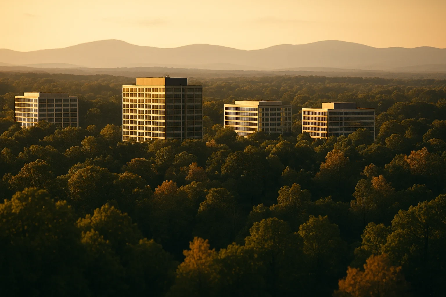 Office buildings rising above a vast forested landscape with distant mountains at sunset in McNair