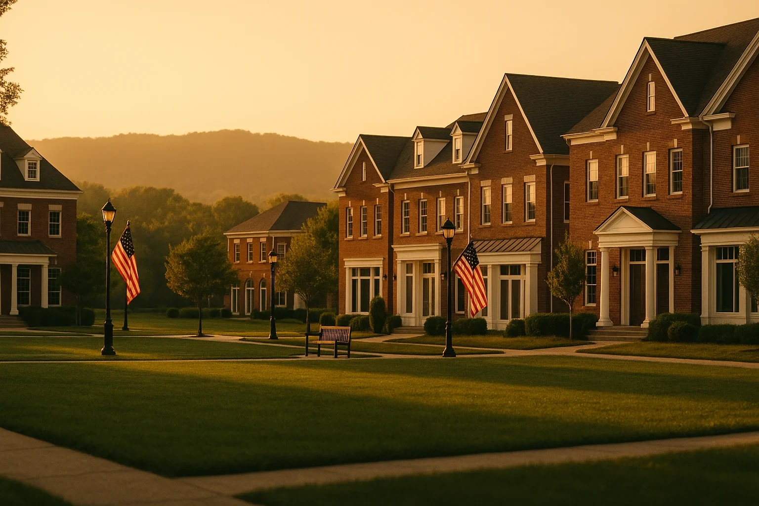 Brick colonial-style townhomes with American flags and lampposts along a manicured green at sunset in South Riding