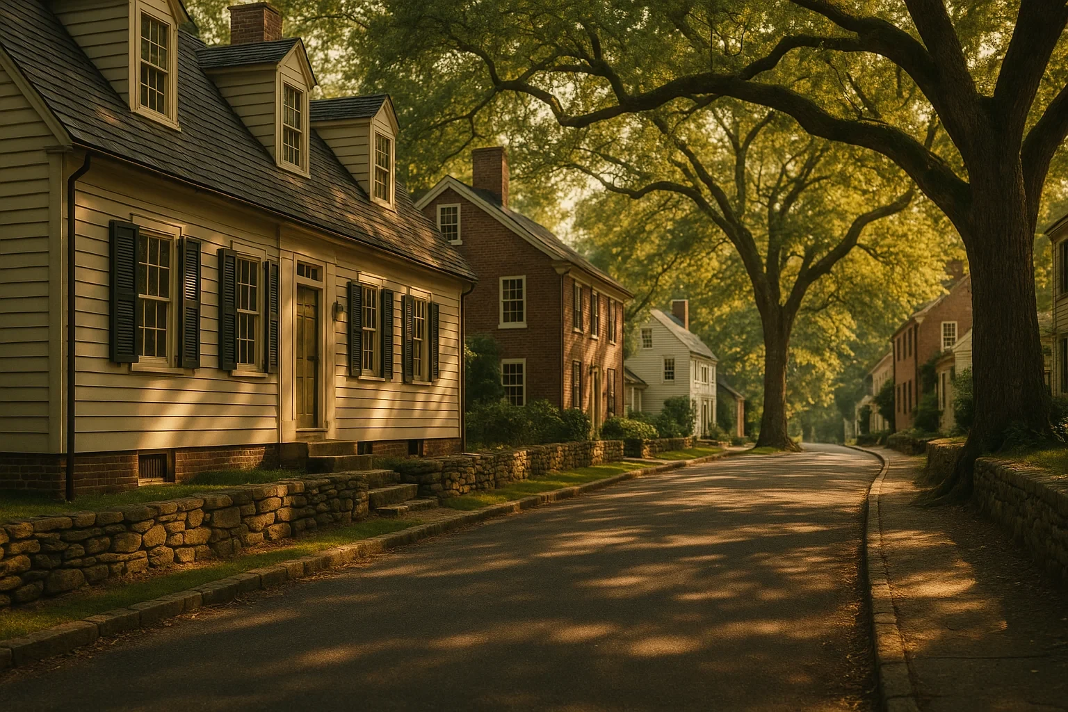 Historic colonial homes with shutters line a tree-shaded street in Falmouth during golden hour.