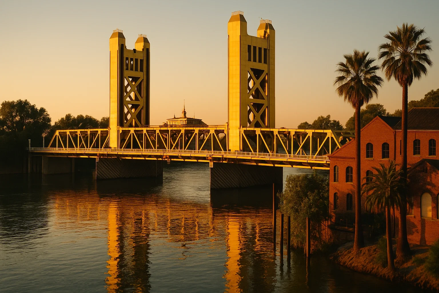 Golden hour light on Sacramento's Tower Bridge over the river with palm trees and a brick building nearby