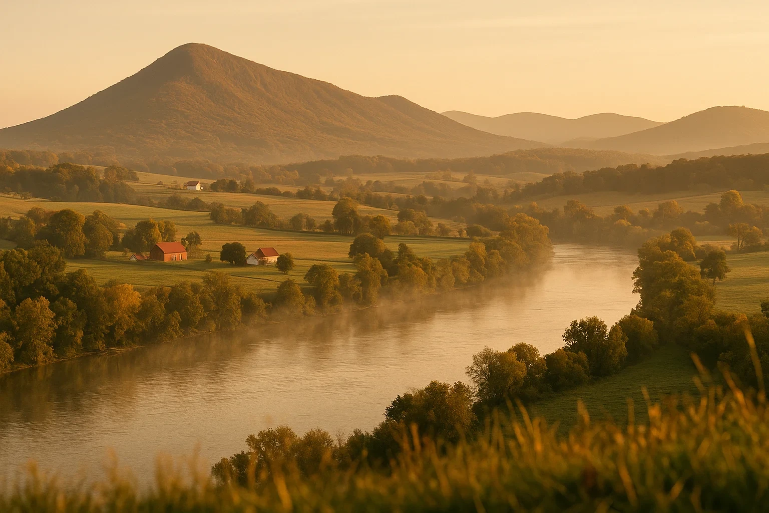 Misty river winding through rolling hills, farmhouses, and a prominent mountain peak at sunrise near Elkton