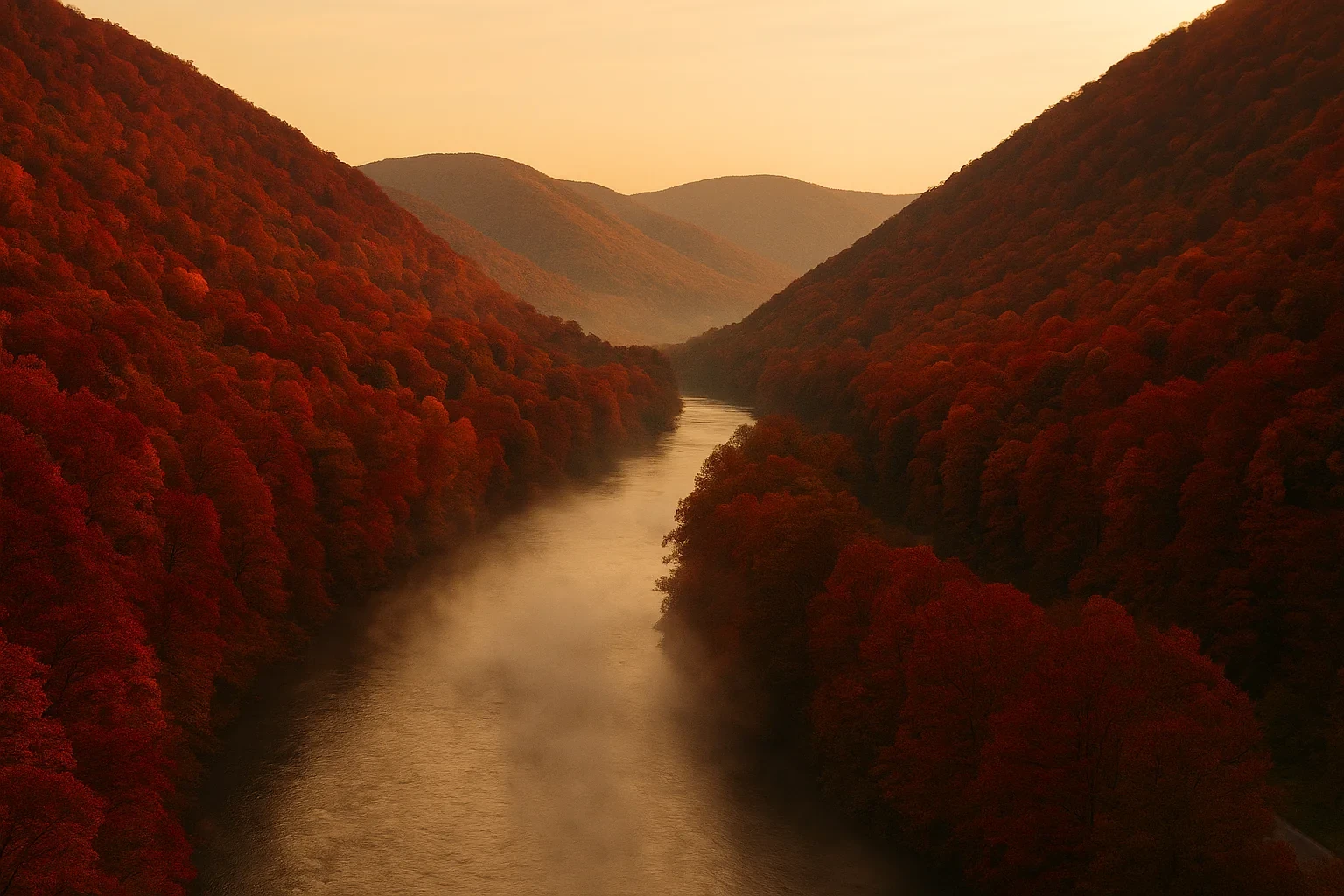 Misty river winding through autumn-colored forested hills at sunset near Richlands