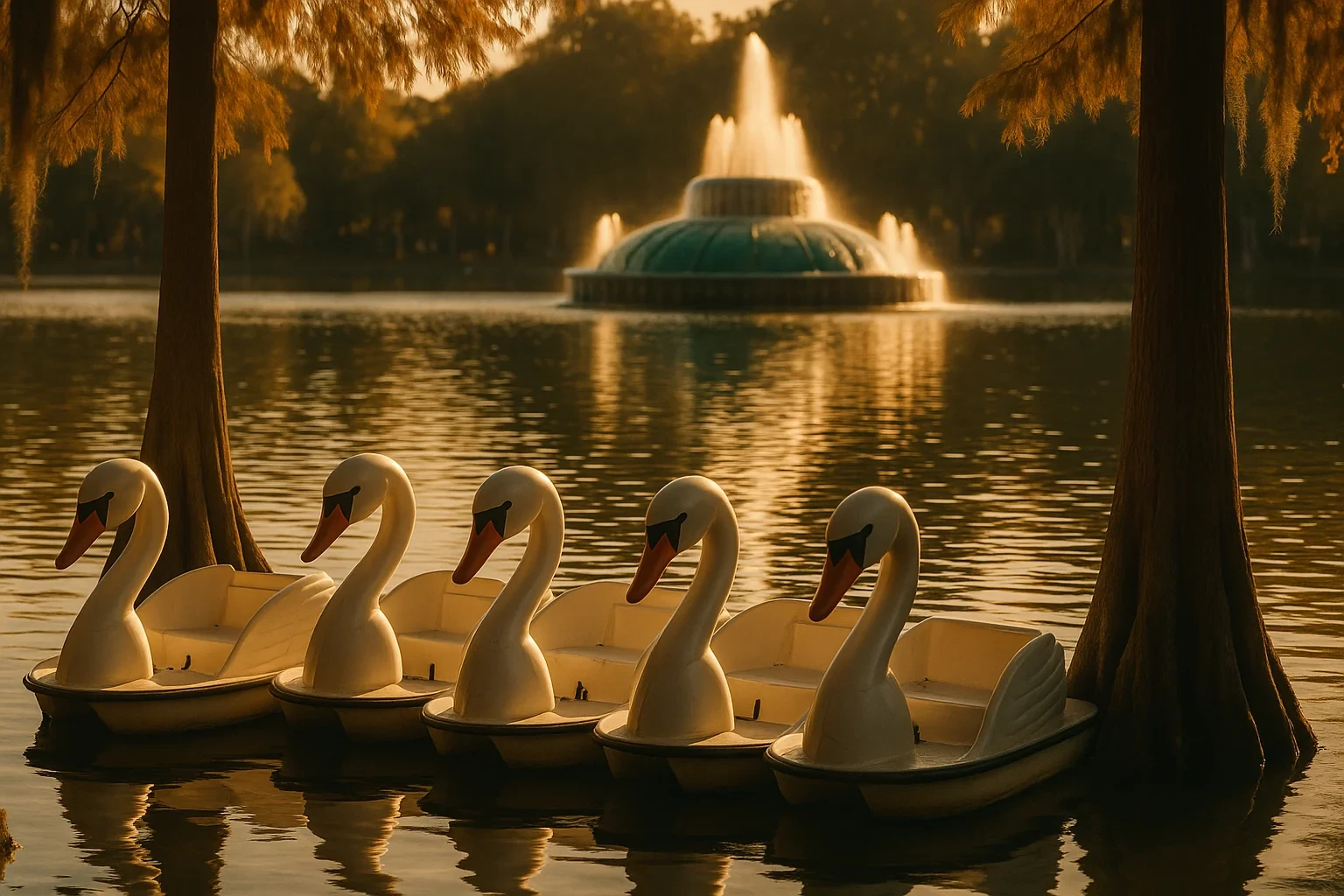 Swan paddle boats lined up on Lake Eola at sunset with the iconic fountain reflecting on the water in Orlando