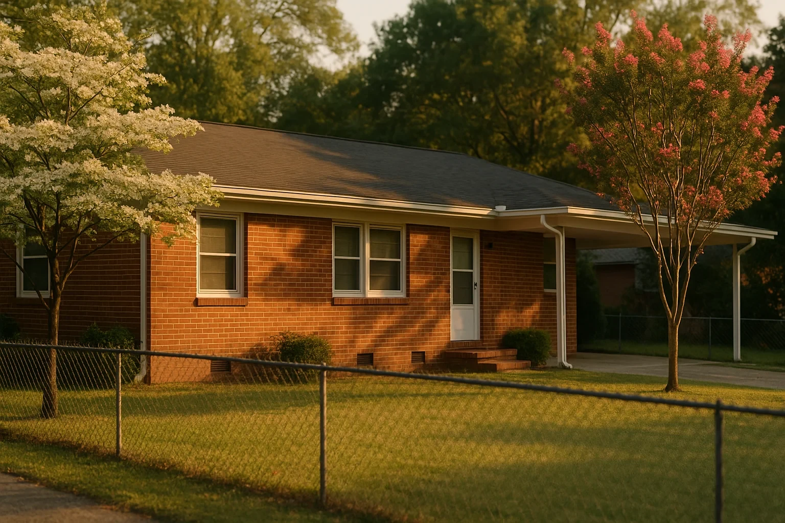 Single-story brick ranch home with carport and blooming crepe myrtle trees in East Highland Park at golden hour