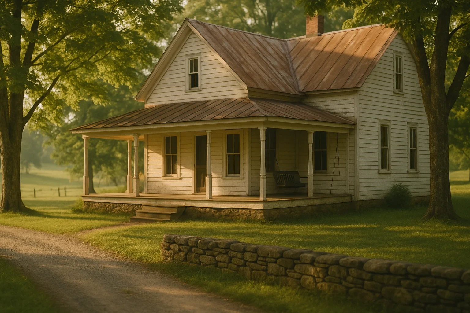 Charming two-story farmhouse with wraparound porch and metal roof in a tree-lined Woodlawn neighborhood