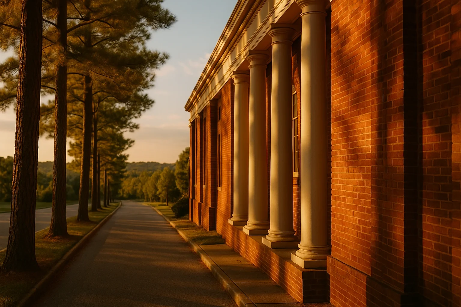 Brick building with tall white columns lit by golden sunset light along a tree-lined road in Chamberlayne