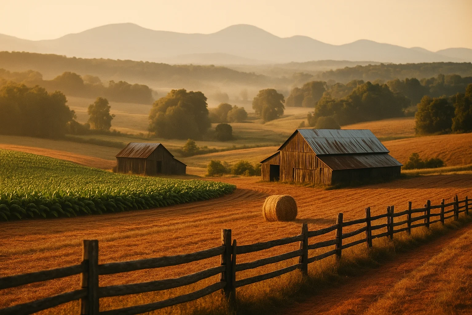 Rustic barns and split-rail fence on rolling farmland with hay bale and misty mountains near Mount Hermon