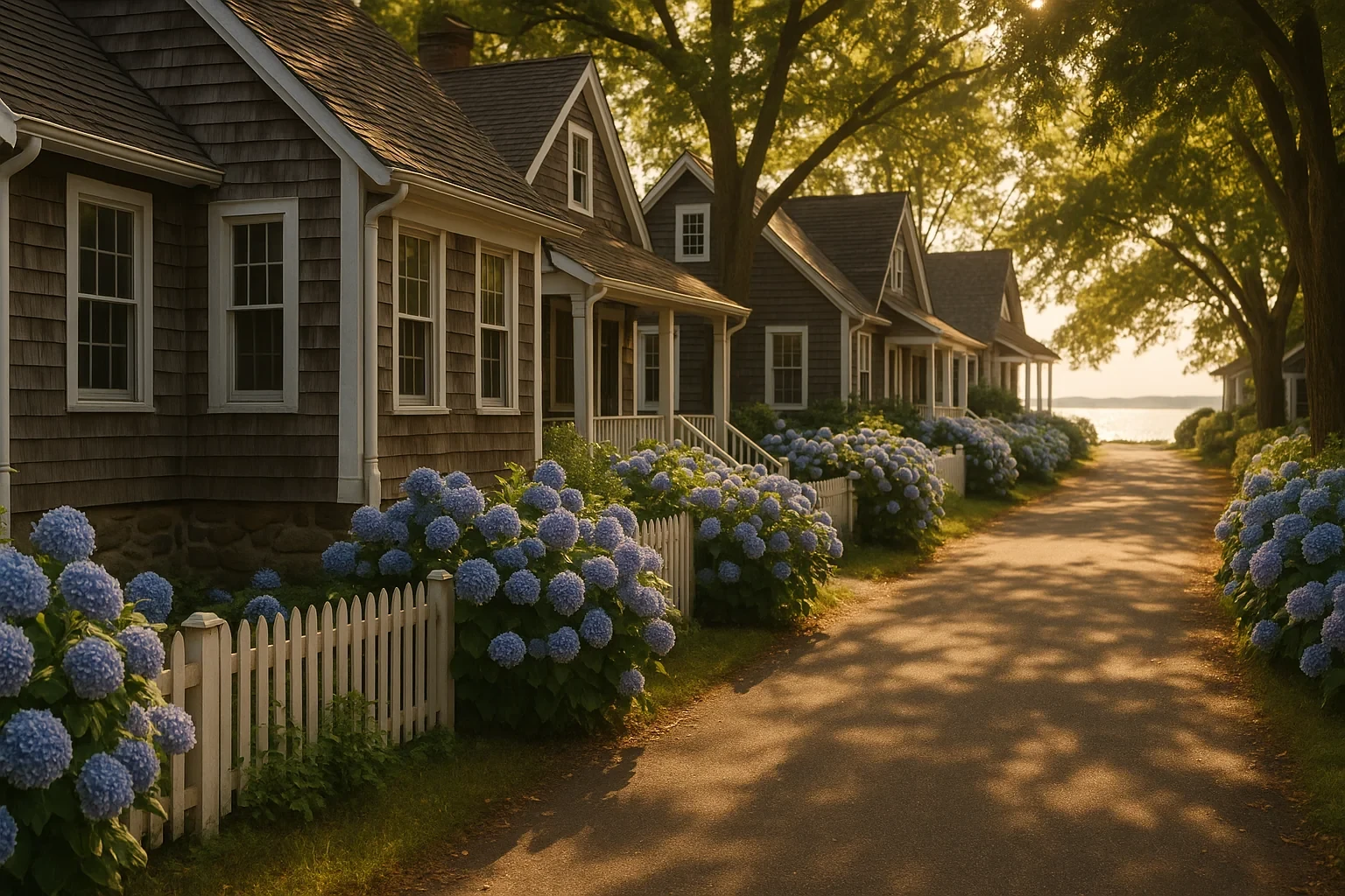 Cedar-shingled cottages with white picket fences and blue hydrangeas line a tree-shaded Waterford coastal lane