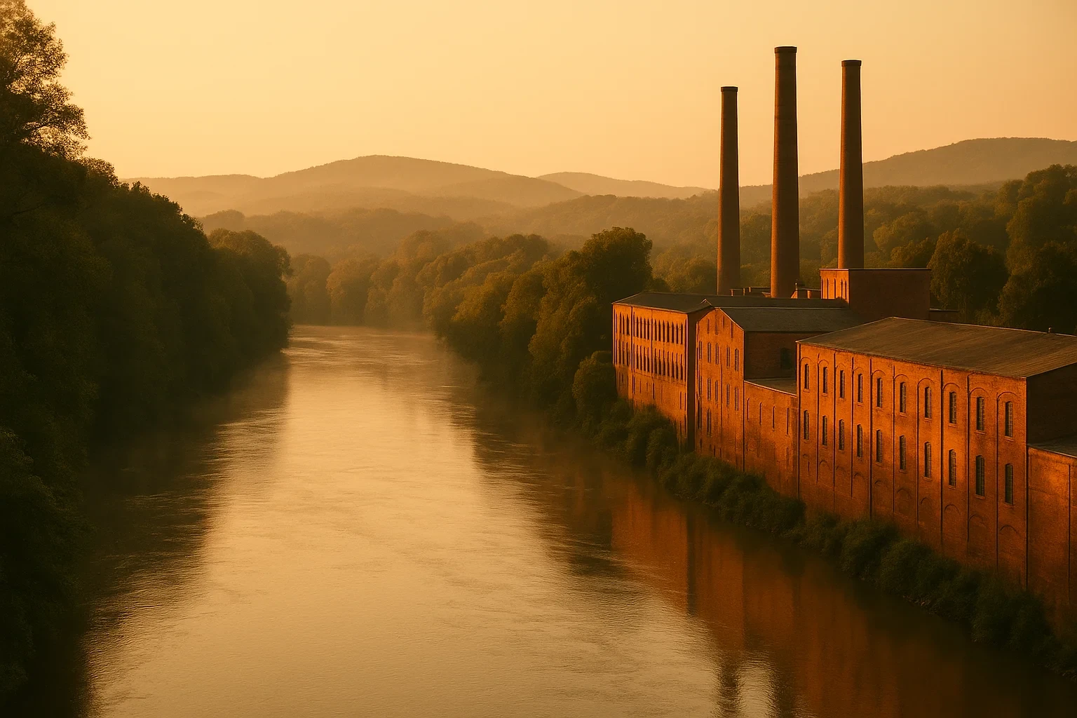 Historic brick mill buildings with tall smokestacks along a misty river at golden sunset in Southern Gateway