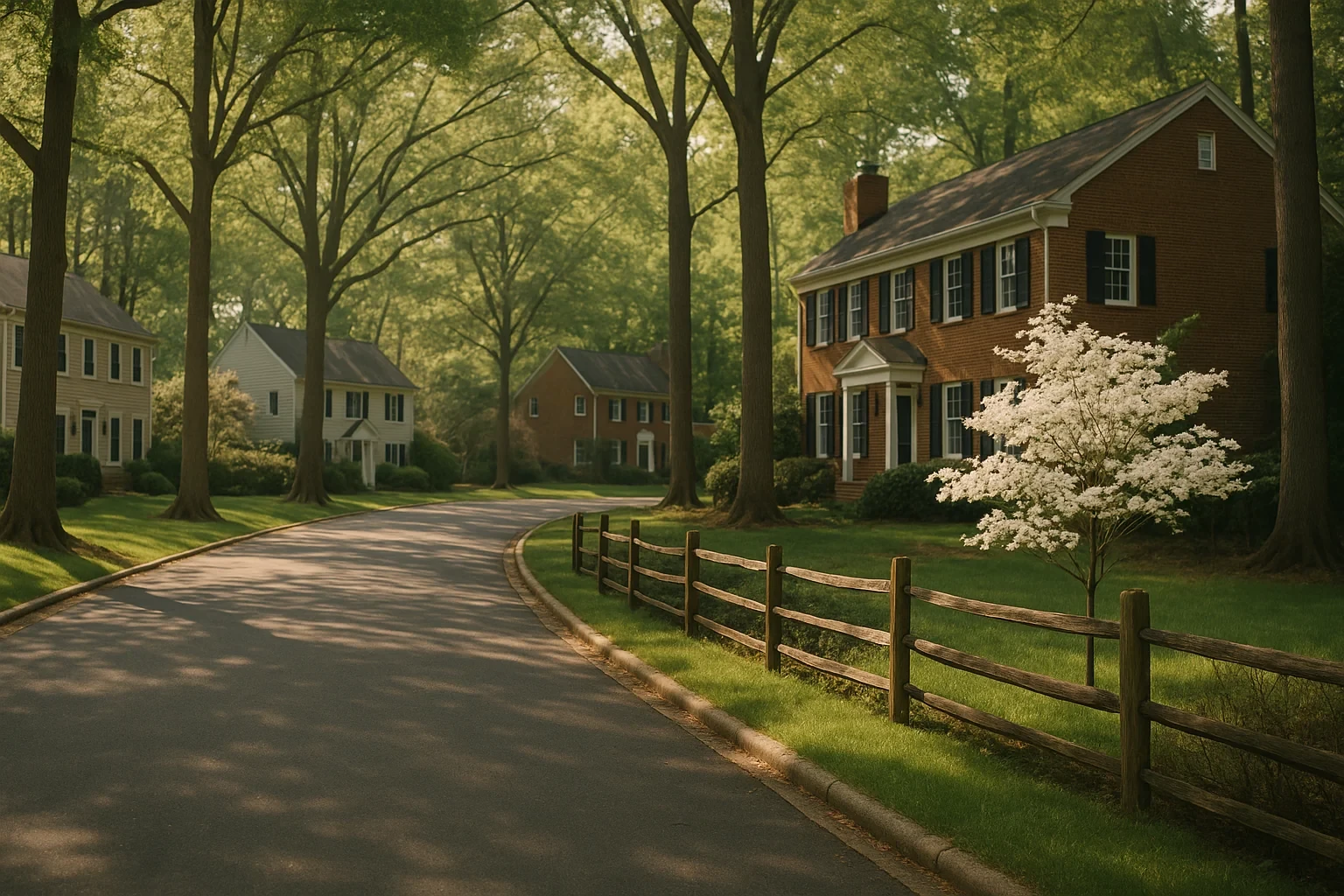 Tree-lined street with brick colonial homes, split-rail fence, and blooming dogwood in a Wolf Trap neighborhood
